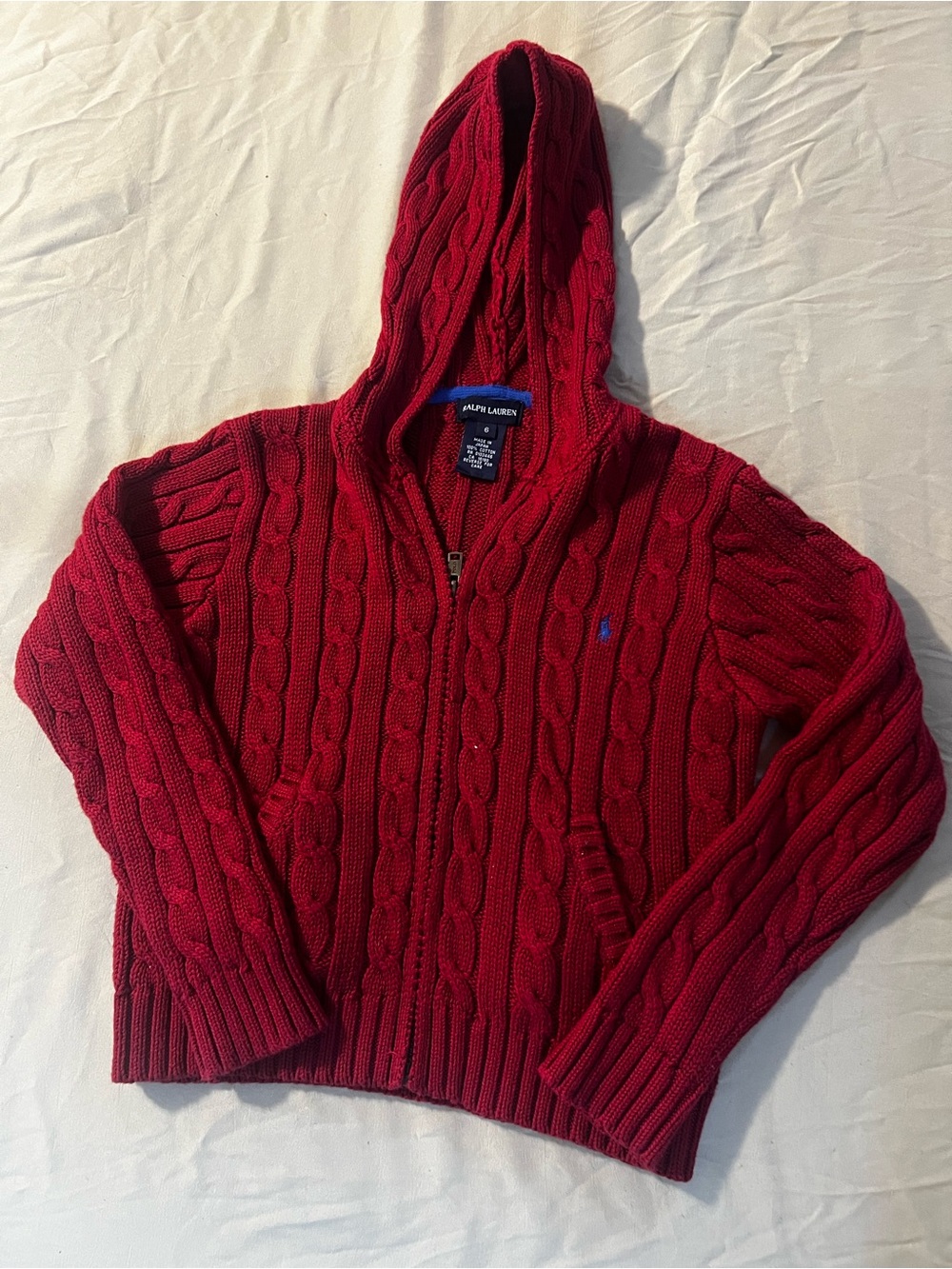 Ralph Lauren kids Red Cable-Knit Hooded Sweater